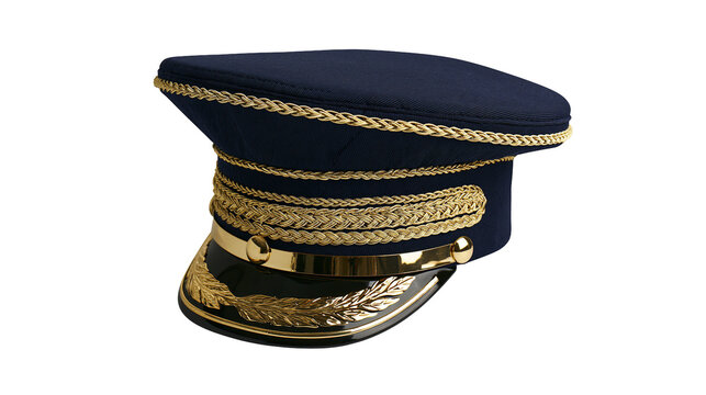 Dark blue peaked cap with gold trim and laurel leaf detail, isolated on transparent background