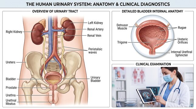 Human urinary system anatomy and clinical diagnostics infographic, detailed bladder internal structure, medical illustration of renal tract