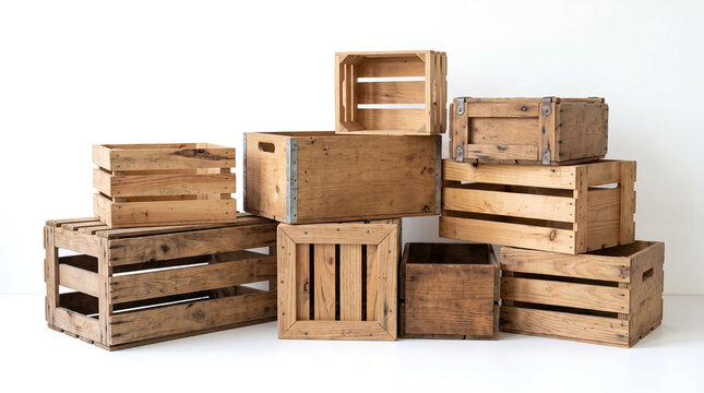 Collection of empty wooden crates and boxes for storage and transport on white background