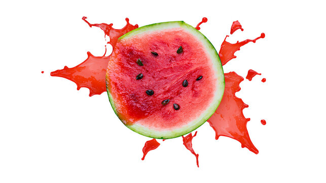 Juicy watermelon slice with red liquid splash, isolated on transparent background