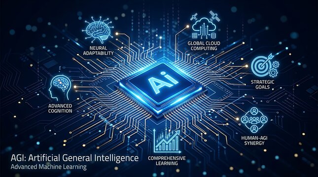 Artificial general intelligence agi concept with ai processor chip, neural network, cloud computing, and human synergy icons on a digital circuit board background