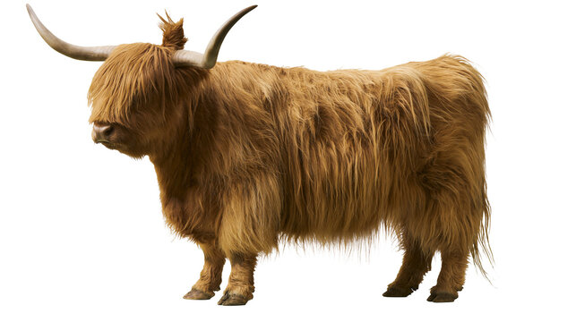 Fluffy brown Highland cow with long horns, isolated on transparent background