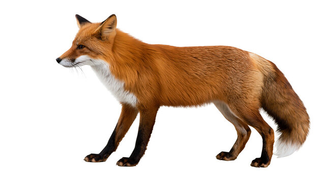 Red fox with bushy tail and white chest, isolated on transparent background