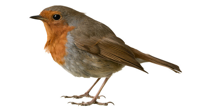 European robin with orange breast and grey feathers, isolated on transparent background