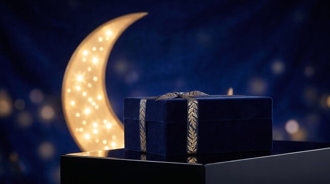 Luxury Blue Gift Box and Golden Crescent Moon Background
