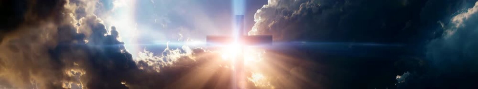Panoramic Seamless Loop of a Christian Cross Illuminated by Sun Rays Through Dramatic Clouds