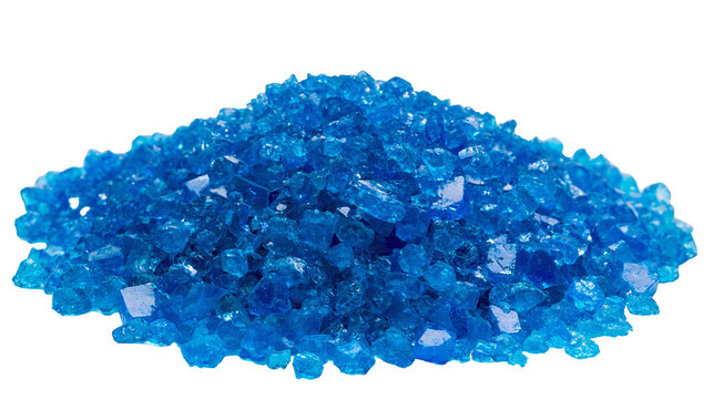 Pile of bright blue crystalline copper sulfate pentahydrate, isolated on transparent background
