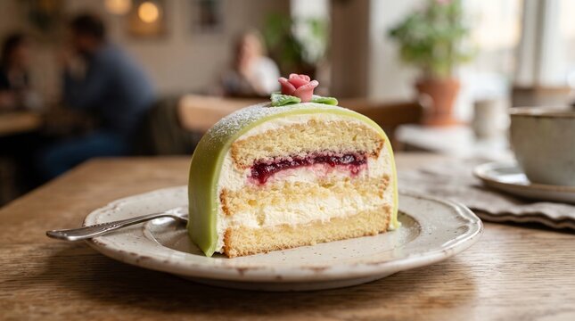 Swedish Princess Cake slice with marzipan dome and cream layers.