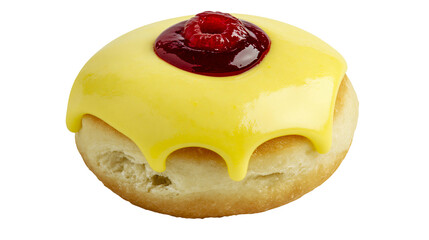 Obraz premium Sweet yellow glazed donut with raspberry jam topping, isolated on transparent background