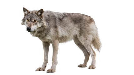 Grey wolf with amber eyes standing alert, isolated on transparent background © Evans
