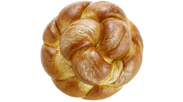Golden brown braided challah bread, isolated on transparent background