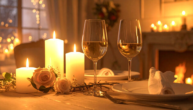 Romantic candlelit dinner table with wine glass, rose flower, and warm firelight in cozy room