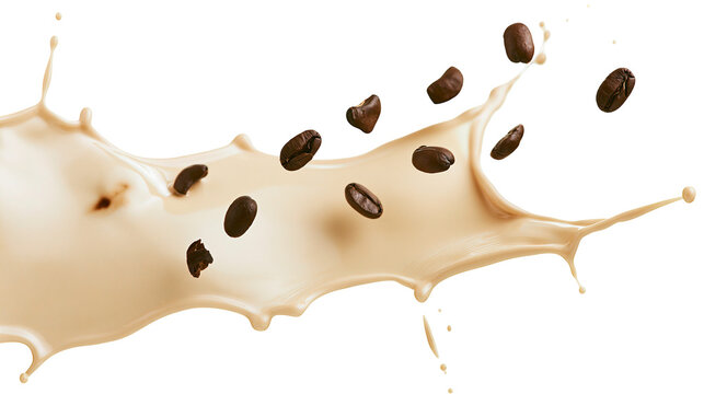 Brown coffee beans splashing into creamy liquid, isolated on transparent background