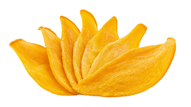 Dried mango slices arranged in a fan shape, isolated on transparent background