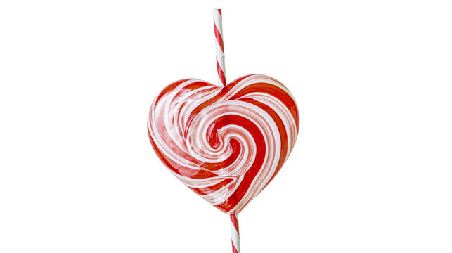 Red and white swirled heart-shaped lollipop on striped stick, isolated on transparent background