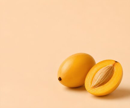 Exotic Fruit Still Life - Marian Plum (Maprang). Yellow Marian Plum fruit whole and halved on a soft beige background, highlighting its smooth skin and vibrant color