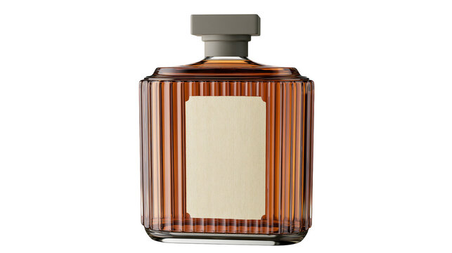 Amber liquid perfume bottle with ribbed glass and blank label, isolated on transparent background