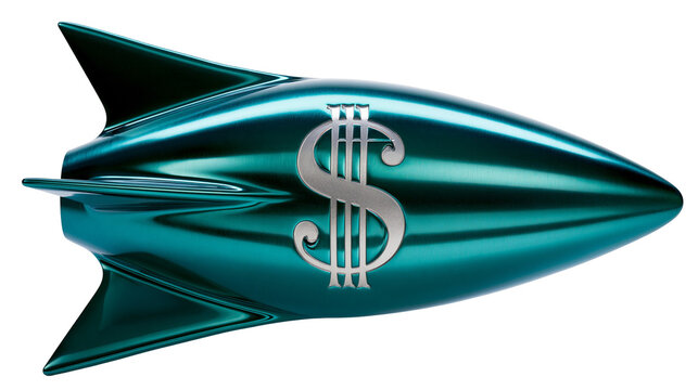 Shiny teal rocket ship with silver dollar sign emblem, isolated on transparent background