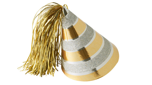 Golden and silver striped party hat with gold fringe, isolated on transparent background