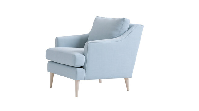 Light blue fabric armchair with wooden legs, isolated on transparent background