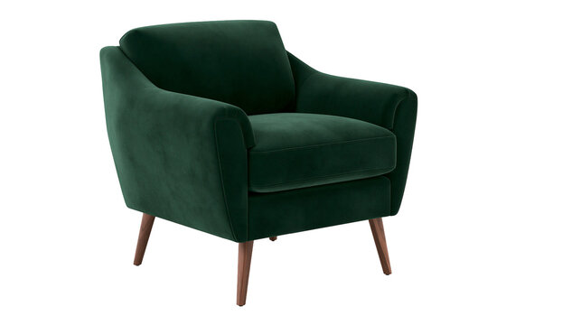 Plush emerald green velvet armchair with tapered wooden legs, isolated on transparent background