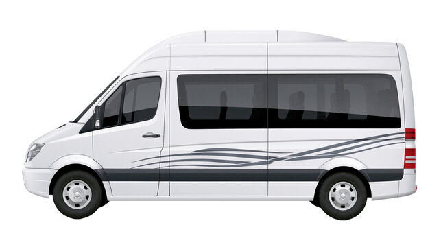 White passenger van with tinted windows and grey wavy stripes, isolated on transparent background