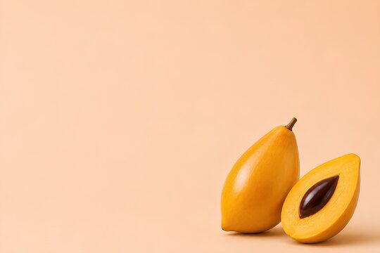 Exotic Fruit Still Life - Canistel (Eggfruit). Yellow eggfruit whole and halved, showcasing smooth skin and dark seed against a soft peach background for food photography