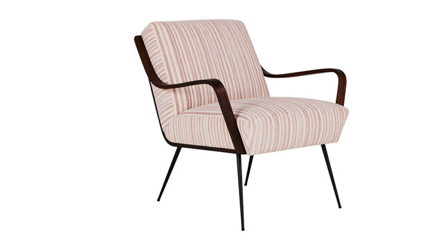 Striped armchair with dark wood arms and thin metal legs, isolated on transparent background