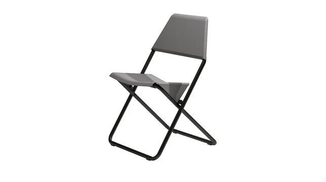 Modern gray folding chair with black metal frame, isolated on transparent background