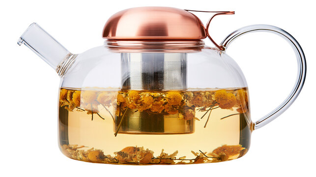 Clear glass teapot with copper lid and metal infuser, brewing chamomile tea isolated on transparent background