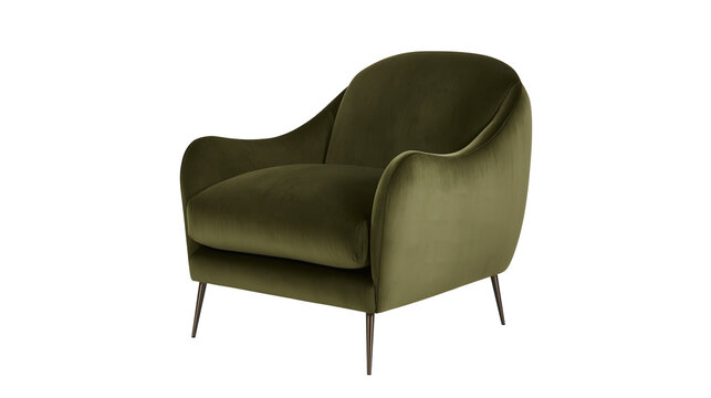 Plush olive green velvet armchair with slender dark legs, isolated on transparent background