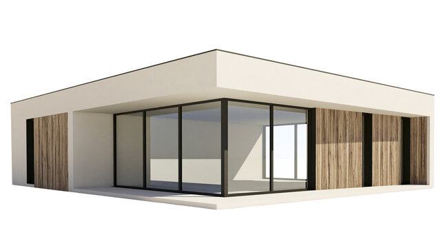 Modern minimalist house with large glass windows and wood paneling, isolated on transparent background