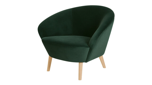 Deep green velvet armchair with light wood legs, isolated on transparent background