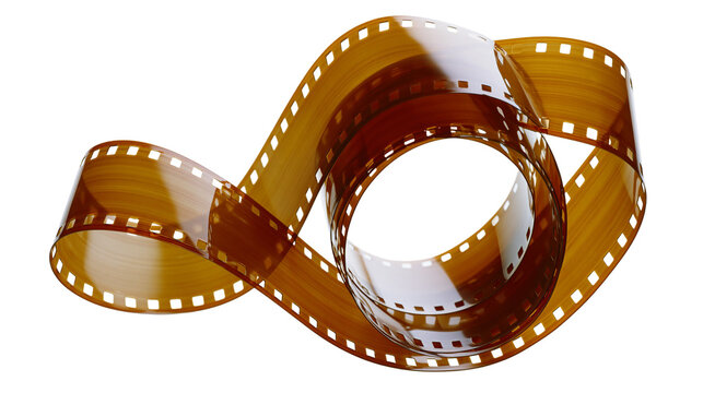Curled brown film strip with perforations, isolated on transparent background