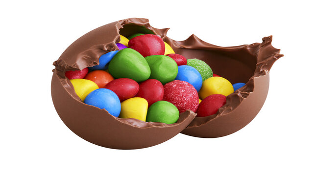 Broken milk chocolate Easter egg filled with colorful candy coated chocolates, isolated on transparent background