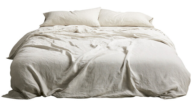 Unmade beige linen bed with two pillows, isolated on transparent background