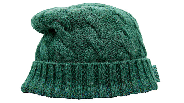 Deep green knitted cable knit beanie hat, isolated on transparent background