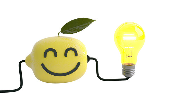 Happy yellow lemon character connected to a glowing light bulb, isolated on transparent background