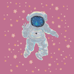 astronaut floating in outer space with stars, kids fun illustration © Alala