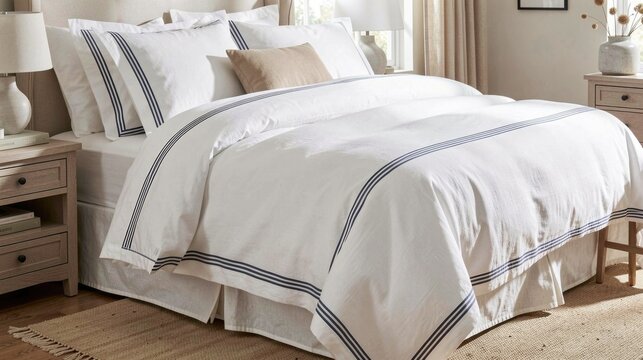 Crisp white bedding with double border detail on bed, affordable luxury linen