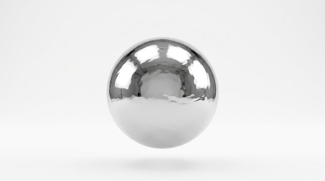 Polished chrome sphere reflecting bright studio lights floating against a clean minimalist white background captured with sharp high resolution detail