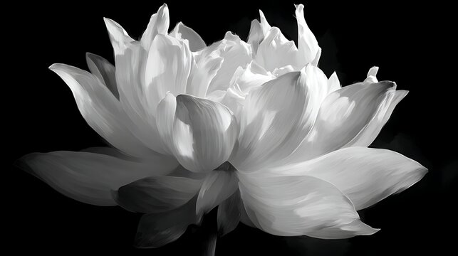 White lotus flower in full bloom isolated on a solid black background