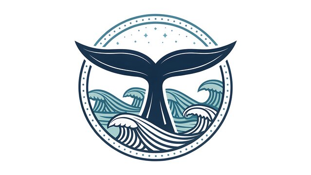 Whale tail emerging from ocean waves in a circular emblem, premium marine branding, clean vector logo, isolated background.