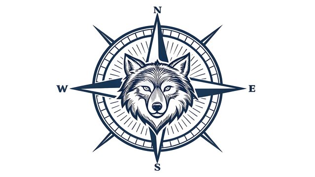 Wolf head integrated into a compass rose, premium adventure logo, clean vector illustration, geometric symmetry, isolated background.