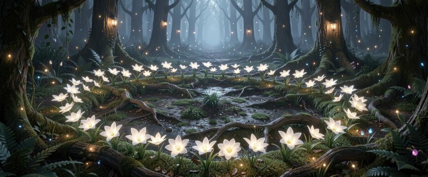 Fairy circle of glowing white flowers, dark enchanted forest, game backdrop