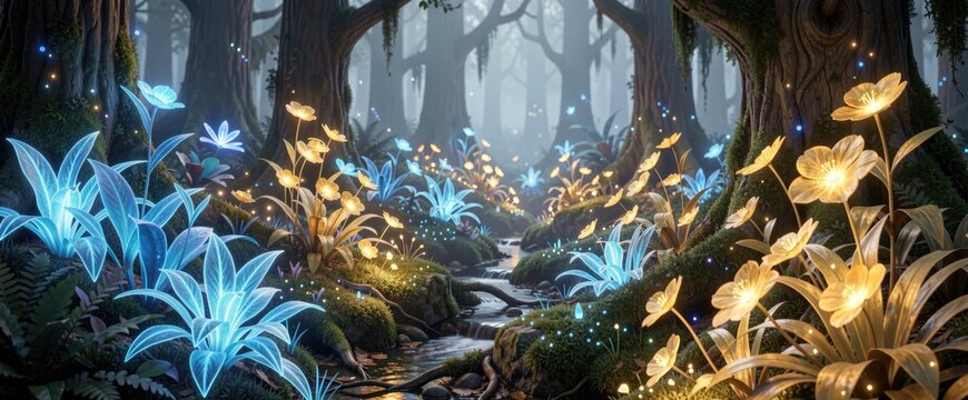 Bioluminescent forest with glowing blue plants, magical game scene