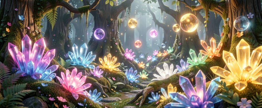 Magical forest with luminous crystal flowers and glowing orbs, mystical game