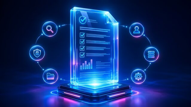 Glowing digital document and interconnected icons illustrate comprehensive data management, secure information flow, detailed analysis, and efficient business process optimization.