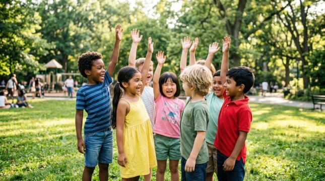 Group of happy diverse children standing together and raising their hands up in a sunny green park during summer day