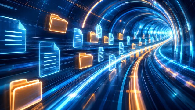 High-speed digital information transfer along a vibrant network pipeline, showcasing efficient data management and secure cloud technology solutions for modern enterprises.